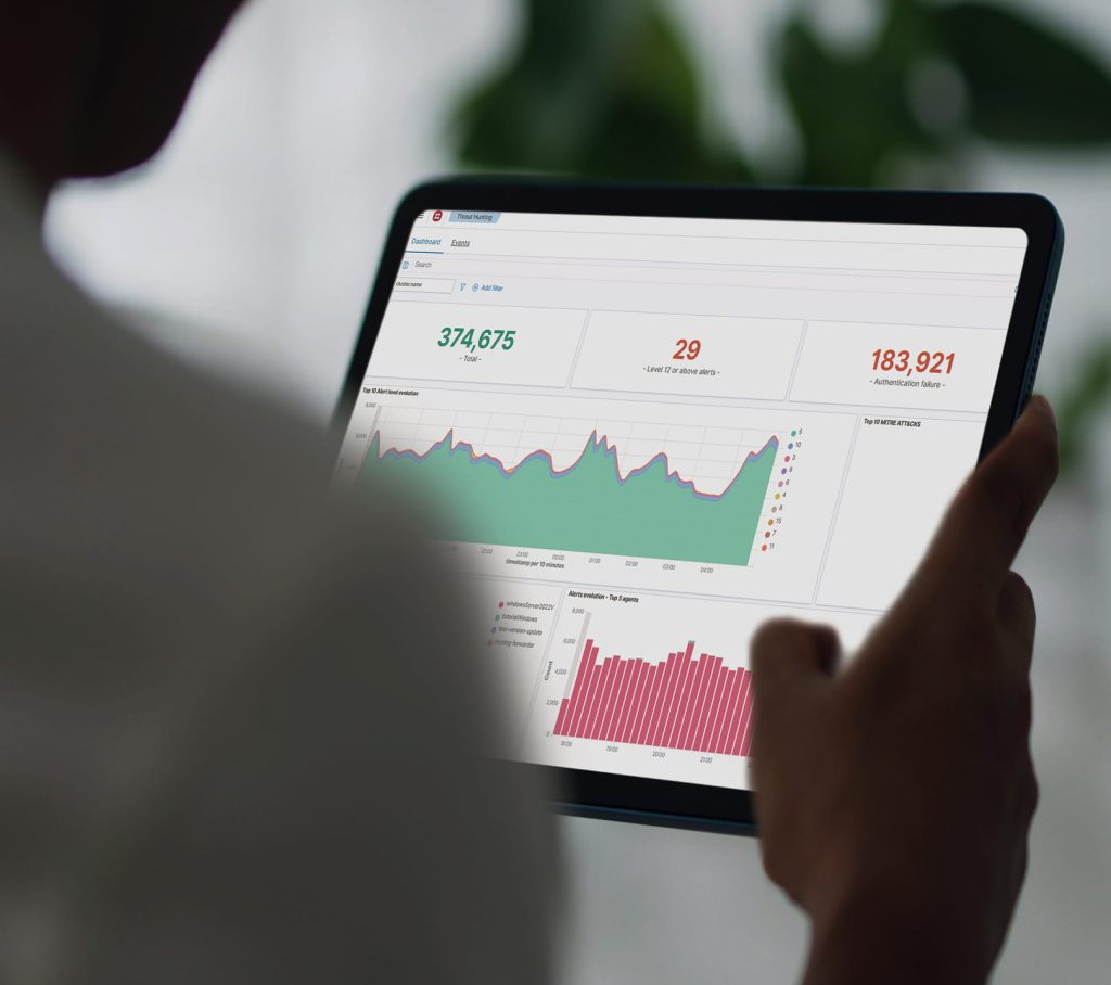 A tablet displaying a data analytics dashboard with multiple charts, including a line graph showing fluctuating trends, a bar chart comparing category values, and two donut charts illustrating proportional data. Large numerical metrics such as “374,675,” “29,” and “183,921” appear above the charts, indicating key performance indicators.